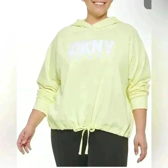 DKNY Women's Hoodie 3X Drawcord Terrycloth Logo Plus Lemon - Picture 1 of 7